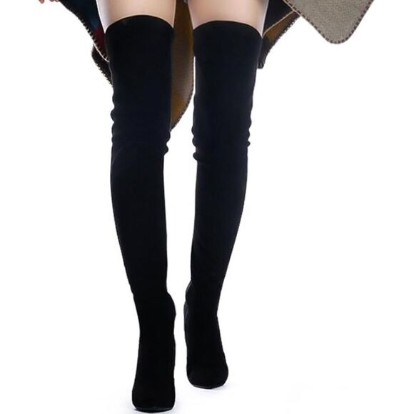 PUBLIC DESIRE TALE  STRETCH SUEDE CHUNKY HEEL THIGH HIGH OVER THE KNEE BOOTS - Picture 1 of 15